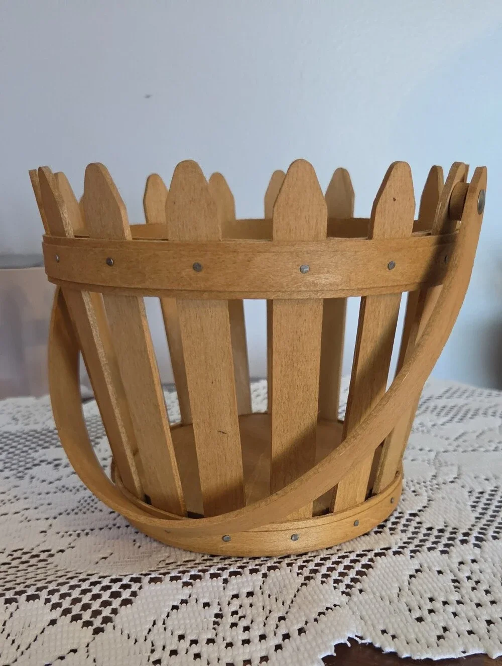 Longaberger Honey Brown Slatted Picket Style Wooden Basket Cottage Core